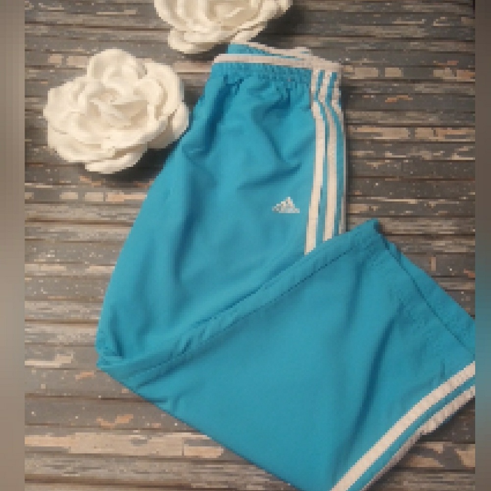 Capri Adidas Women's Teal Blue Track Pants with White Stripes - Picture 4 of 10